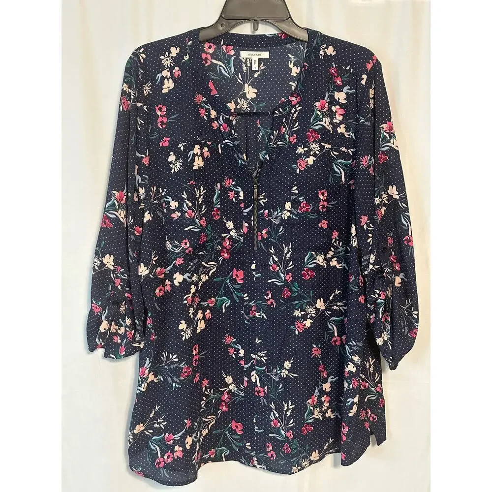 MAURICES Size XL Women's Blouse 3/4 Sleeve Black Floral - Picture 3 of 3